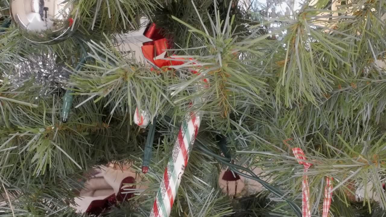 A close-up view of a Christmas tree with candy canes, ornaments, and festive lights