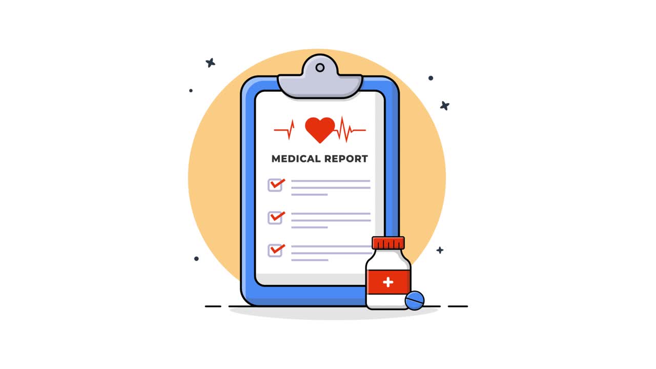 Animated Medical Report on Clipboard with Pills