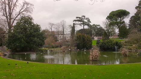 Vista-De-Un-Estanque-Idílico-En-El-Parque-Jardin-Des-Plantes-D&#39;angers-En-Un-Día-Nublado-En-Angrys,-Francia---Ancho