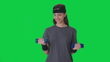 Happy-Indian-woman-lifting-dumbbells-Green-Screen