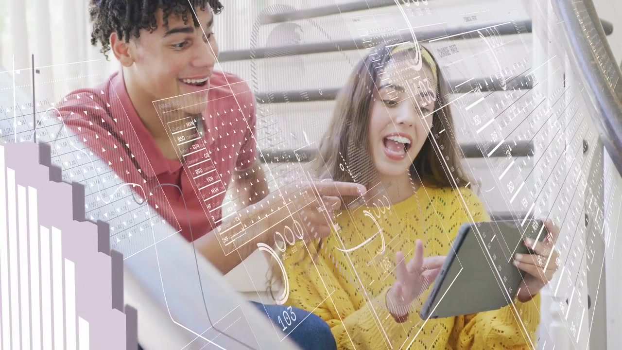 Man leaning in pointing at tablet, woman tapping screen, animated HUD showing education charts
