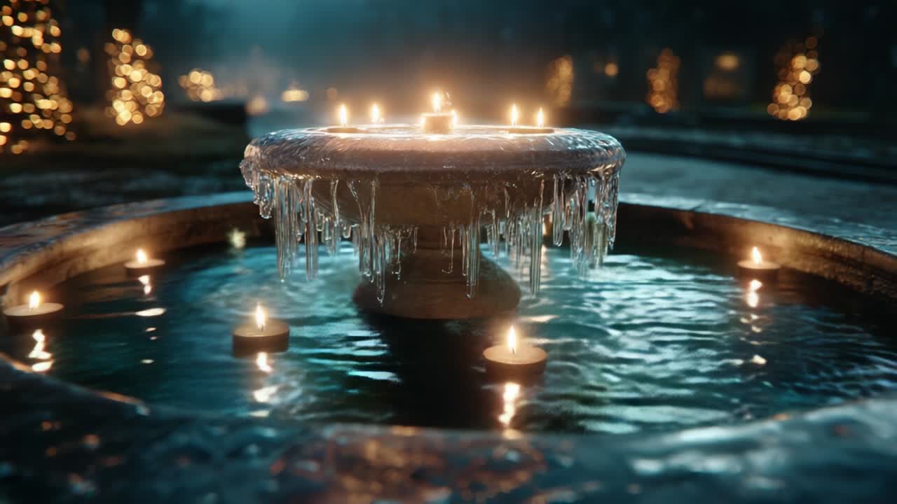 A Serene Winter Evening Featuring a Frost-Covered Fountain Surrounded by Glowing Candles, Evoking Tranquility and Beauty in an Enchanting, Frosty Landscape Illuminated by Warm Lights