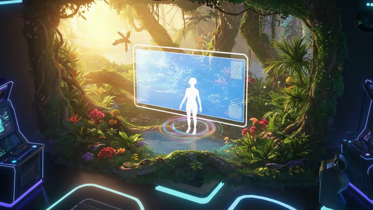 A Futuristic Interface in a Lush Virtual Landscape: A Figure Stands Within a Vibrant Biome Surrounded by Nature, Technology, and Digital Exploration