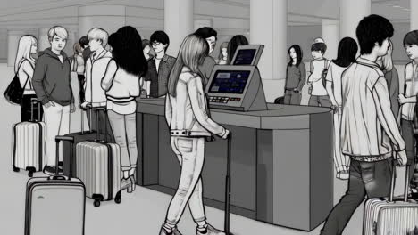 people checking in at an airport self-service kiosk