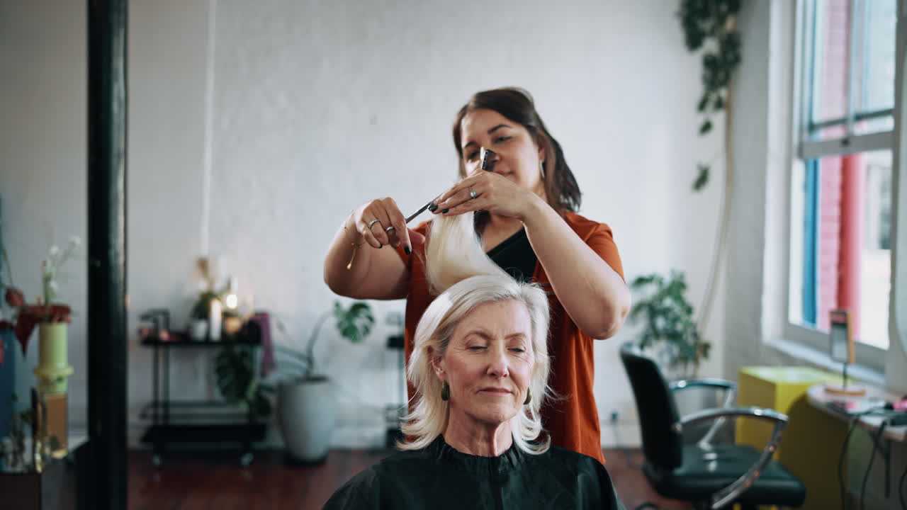 Hairdresser Cutting Senior Woman's Hair in a Modern Salon
