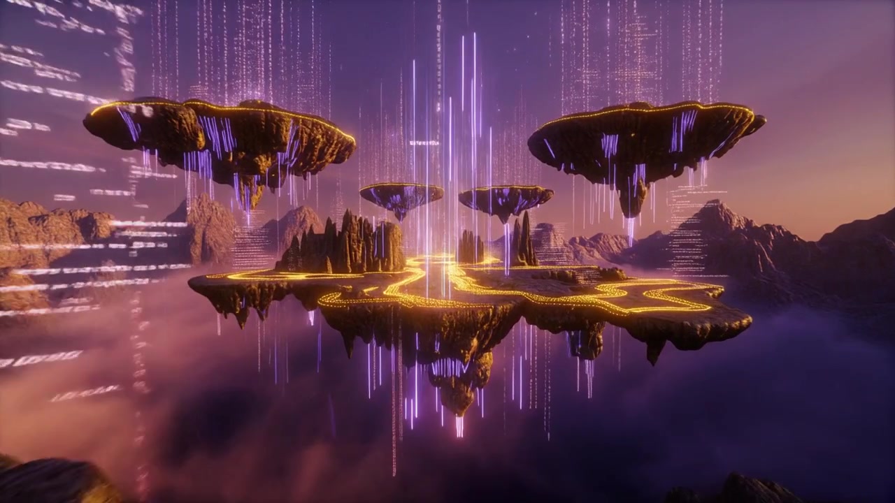 Futuristic Floating Islands With Glowing Data Streams and Digital Code