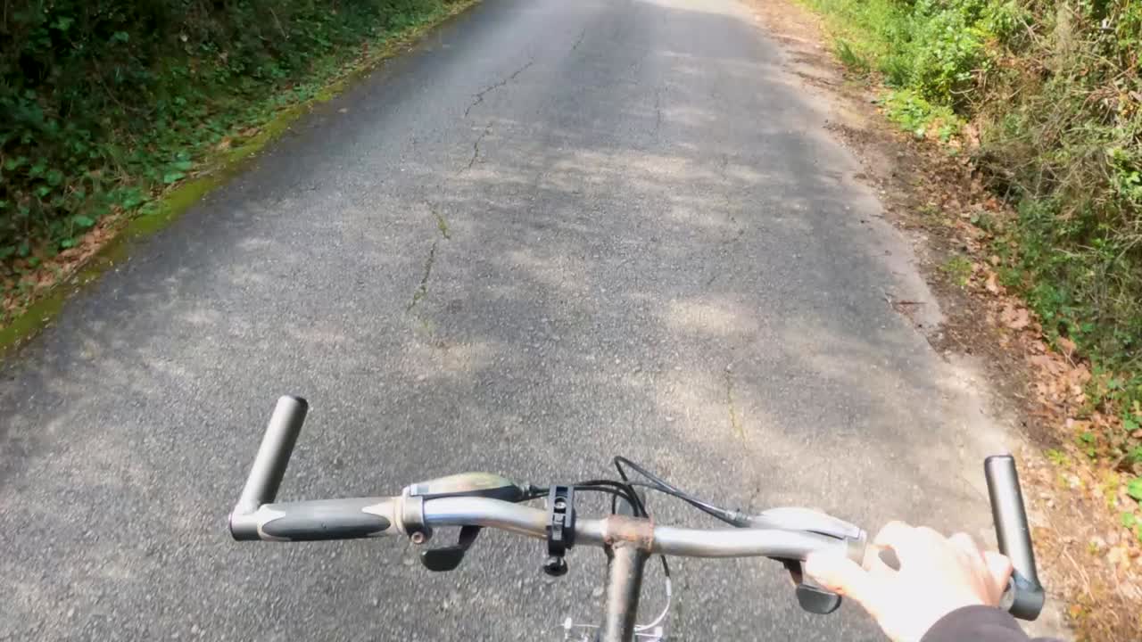 Plano subjetivo de un ciclista montando en bicicleta por una carretera rural de asfalto agrietado rodeada de árboles verdes y vegetación en Corfú