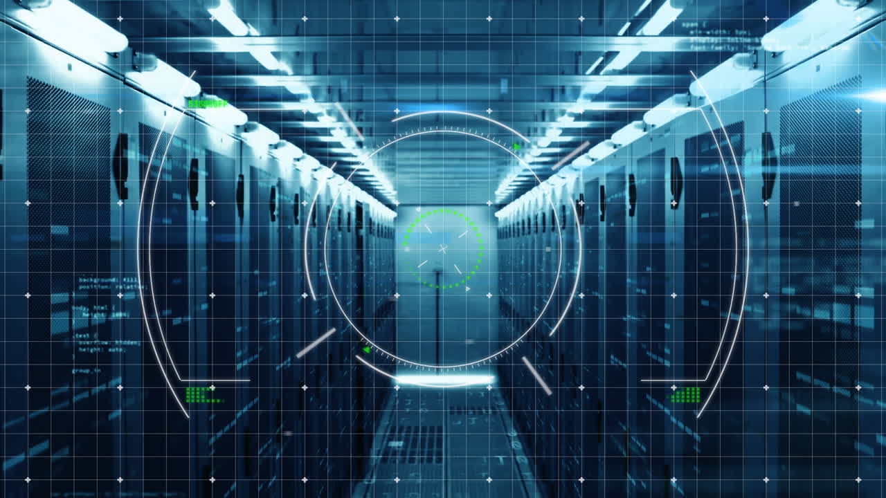 빈 컴퓨터 서버 방에서 데이터 처리 및 스 스캔의 애니메이션