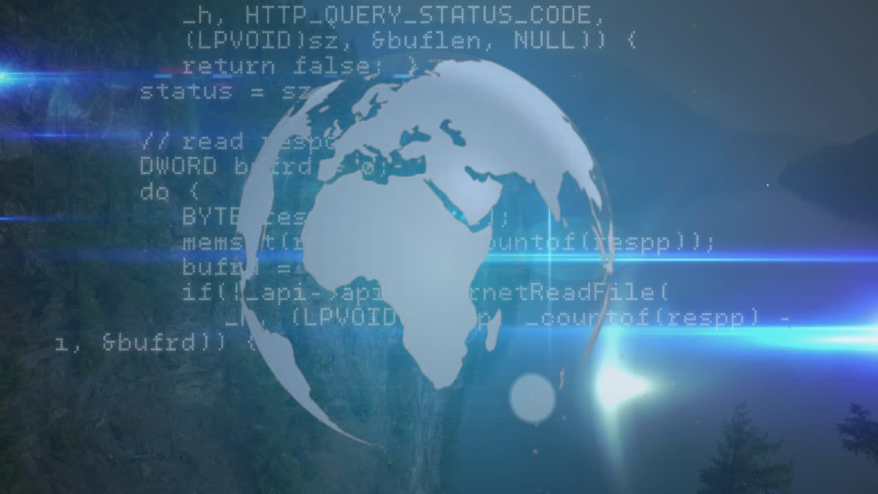 Animation of network of profile icons and data processing over spinning globe against light trails