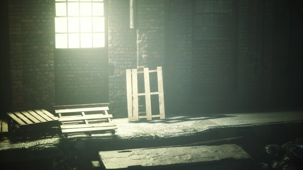 Mysterious alleyway illuminated by soft light amidst wooden pallets at night