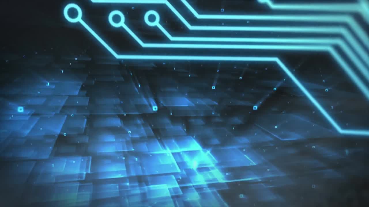 animación del procesamiento de datos de codificación binaria y el elemento del procesador de la placa de circuitos informáticos en el reverso azul