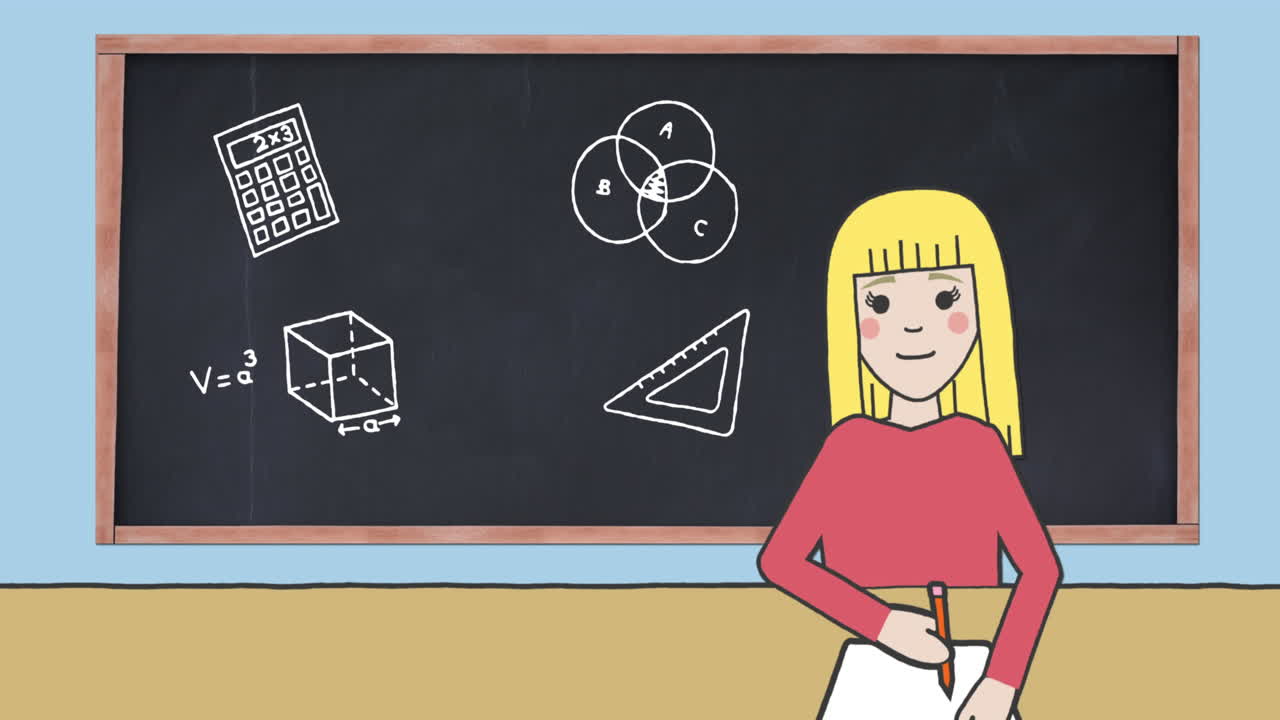 Animation of school icons over blackboard and schoolgirl writing on blue background