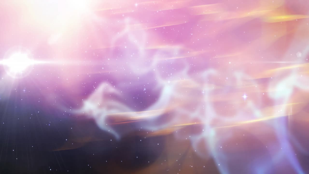 animazione di macchie bianche luminose e stelle su prove di luce rosa e gialla nell'universo