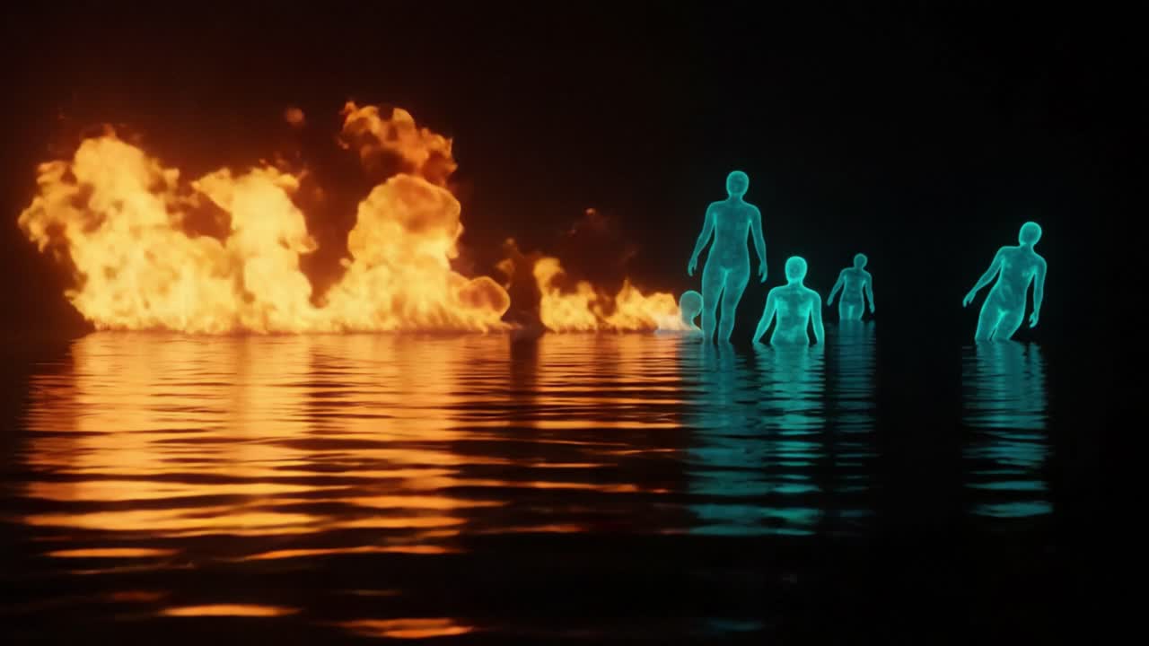 Ethereal Figures Emerge from a Fiery Liquid Landscape: A Dramatic Visual Exploration of Light and Shadow with Surreal Human Silhouettes Amidst Flames