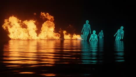 ethereal figures emerge from a fiery liquid landscape: a dramatic visual exploration of light and shadow with surreal human silhouettes amidst flames