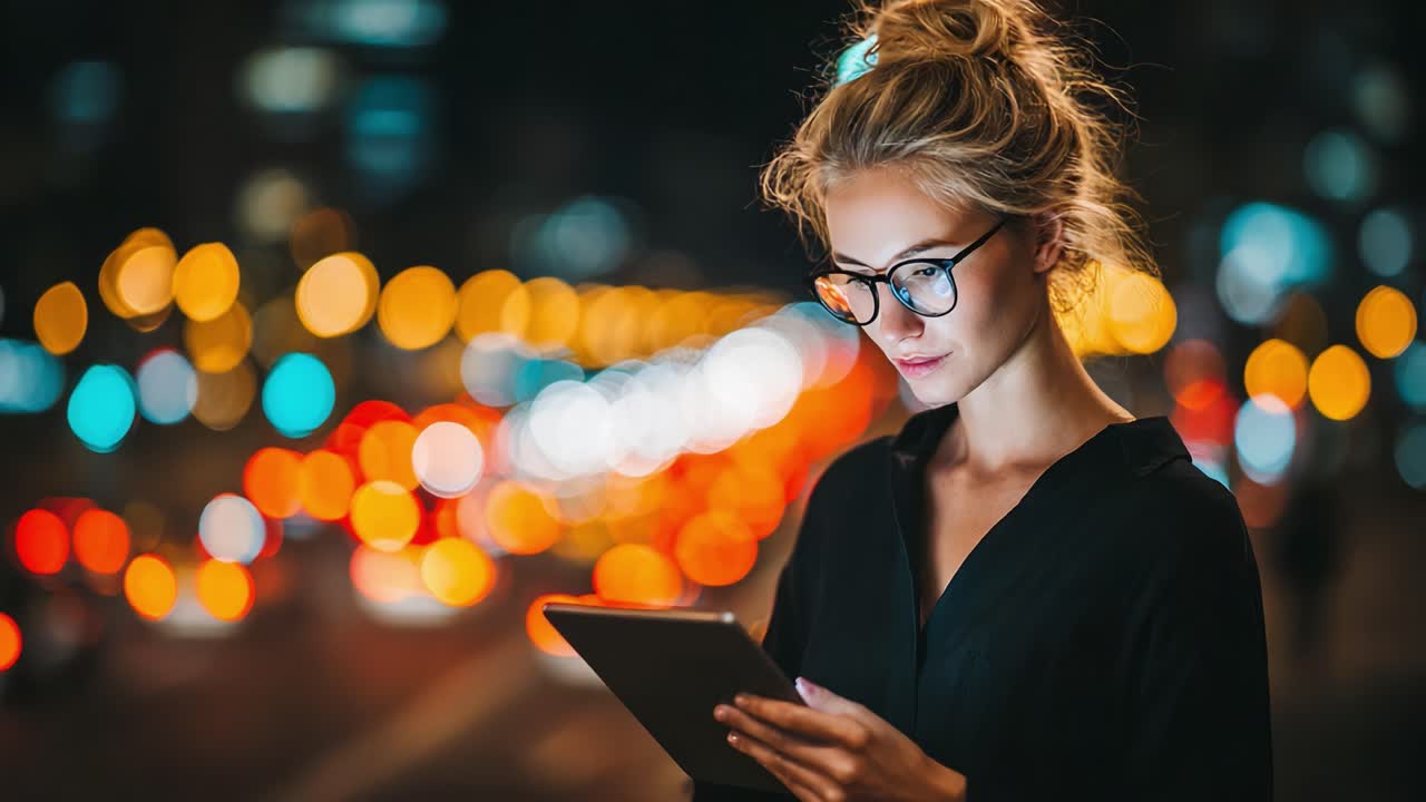 Ung kvinde fordybet i sin digitale enhed midt i et pulserende natligt bybillede, omgivet af slørede lys, der udtrykker moderne forbindelse og byliv