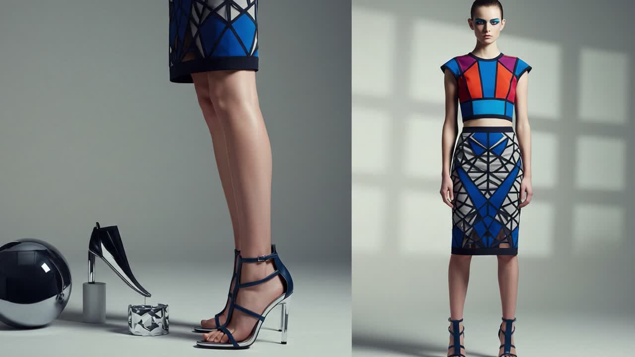 A Bold Fashion Statement: Exploring Modern Design Elements in a Vibrant Ensemble Featuring Geometric Patterns and Stylish Accessories