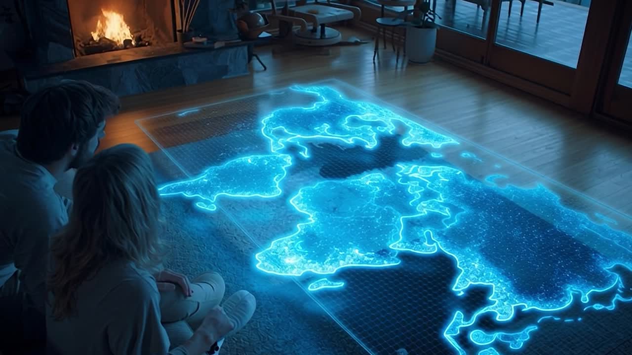 Couple gazes at holographic map illuminated in cozy living room