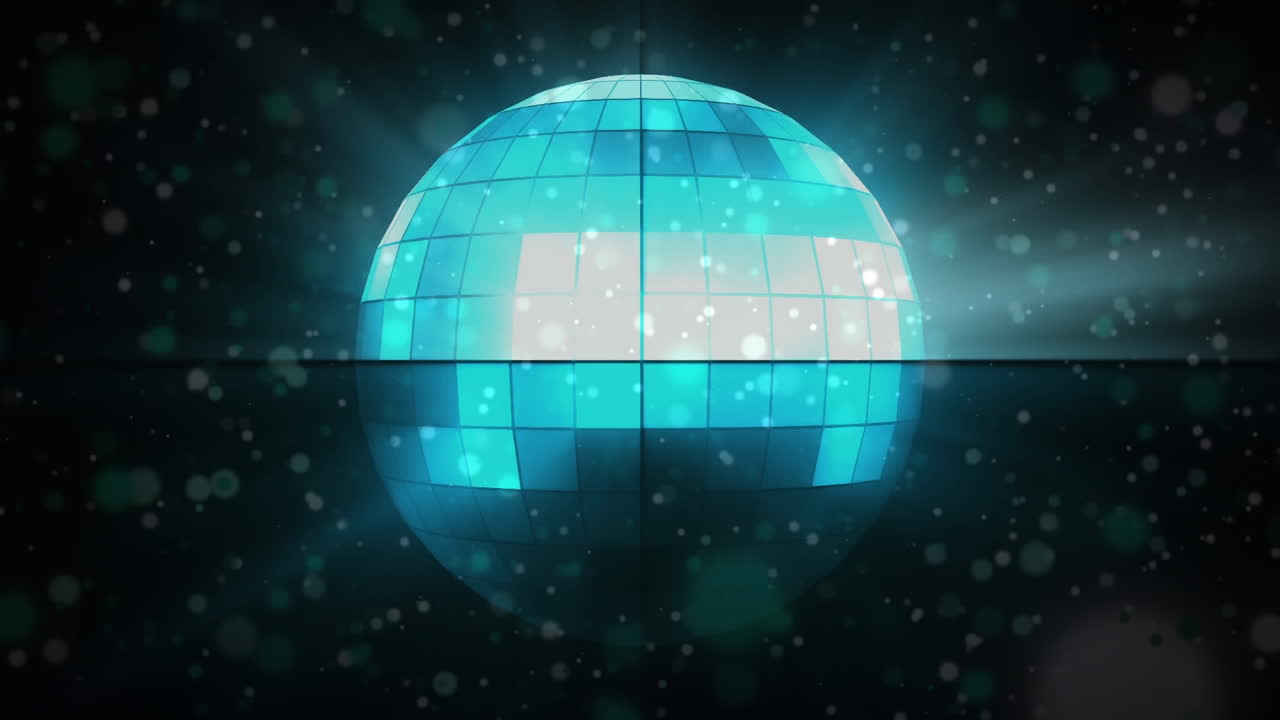 검은색 배경에 반이는 불빛으로 반이는 파란색 디스코 공 애니메이션.