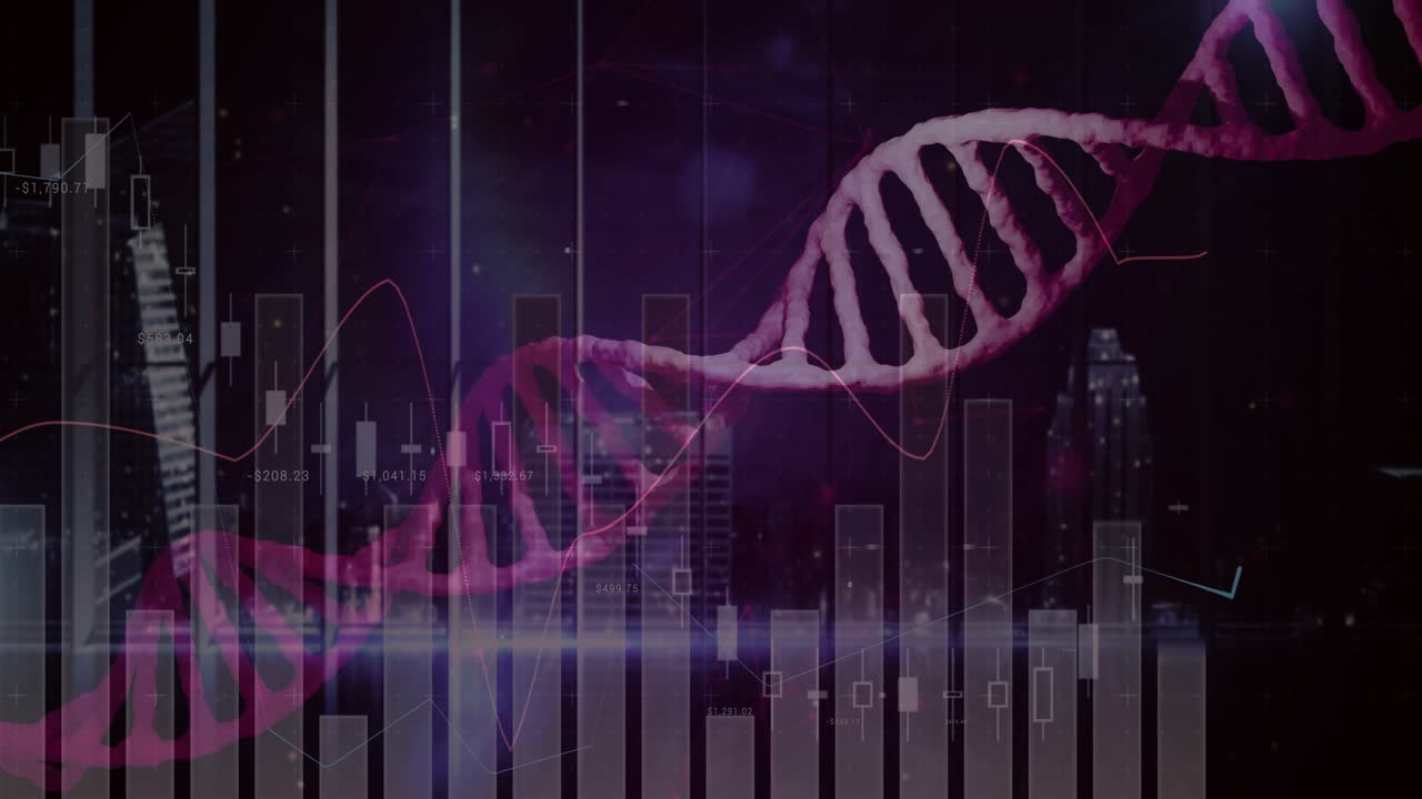 On playback magenta-pink DNA helix undulating right while bars shifting, visualizing data trends