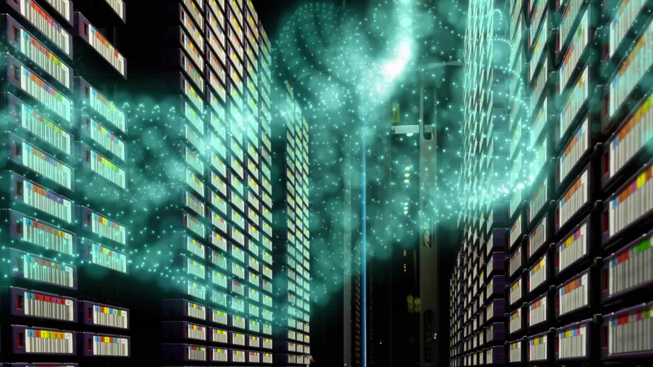 초록색 네온 디지털 파동이 높은 건물을 배경으로 합니다.