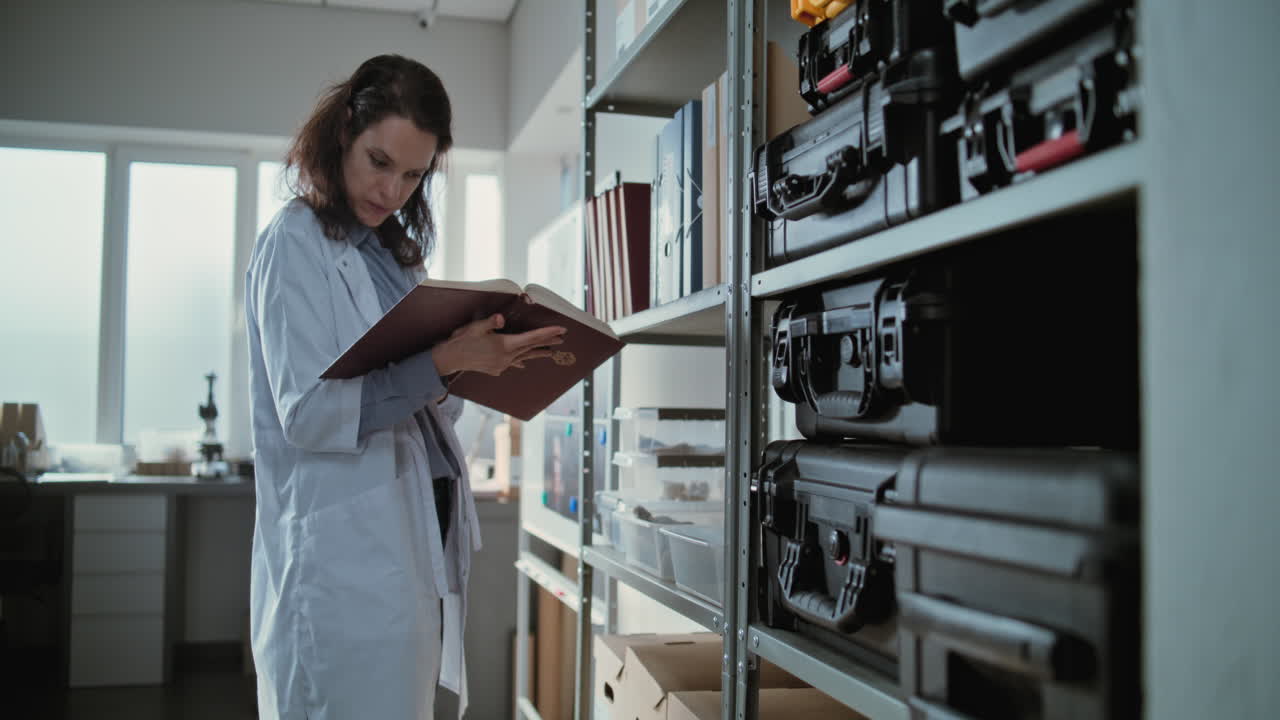 mujer en bata de laboratorio leyendo en una instalación de investigación