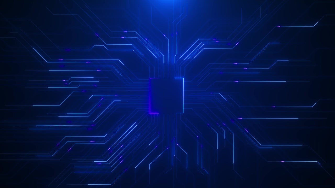Neon blue circuit chip background glowing square processor purple accents fast electronic lines