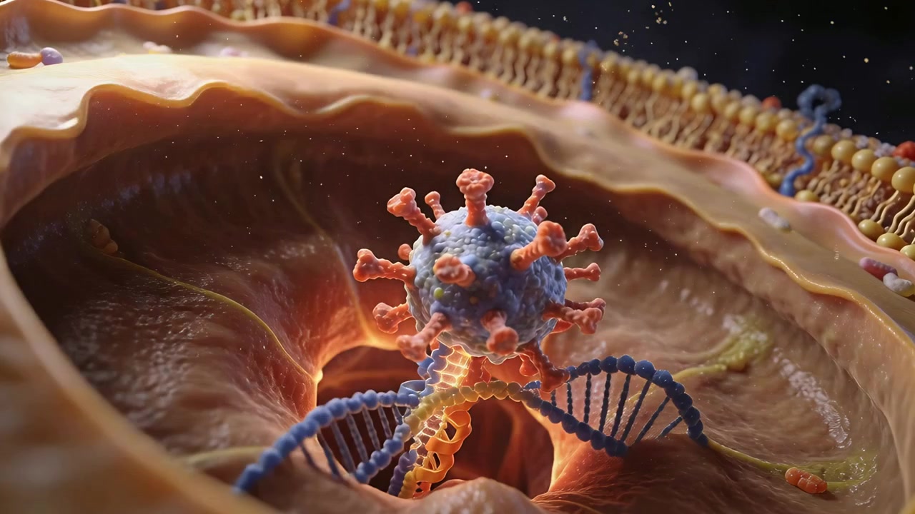 Virus con involucro a punta che si attacca alla superficie cellulare, trascinando il recettore in una cavità e rilasciando l'RNA elicoidale