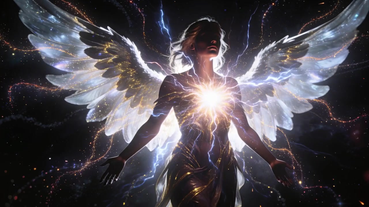 Glowing female figure intensifying chest light in void lifting head, casting gown, wings, blue arcs