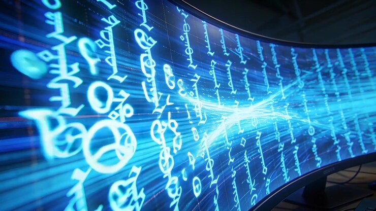 Displaying curved ultrawide monitor streaming cyan glyphs inward after pulse, desk visible