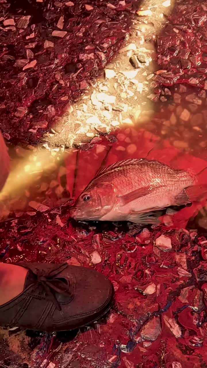 보행자들은 산책로에서 죽은 물고기를 지나간다.