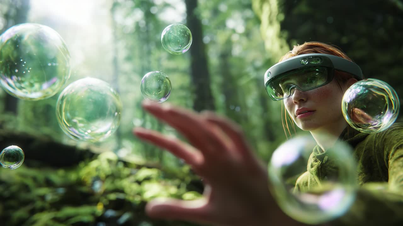 A serene moment in a lush forest where a woman, adorned with futuristic glasses, interacts delicately with floating soap bubbles, creating a captivating blend of nature and technology