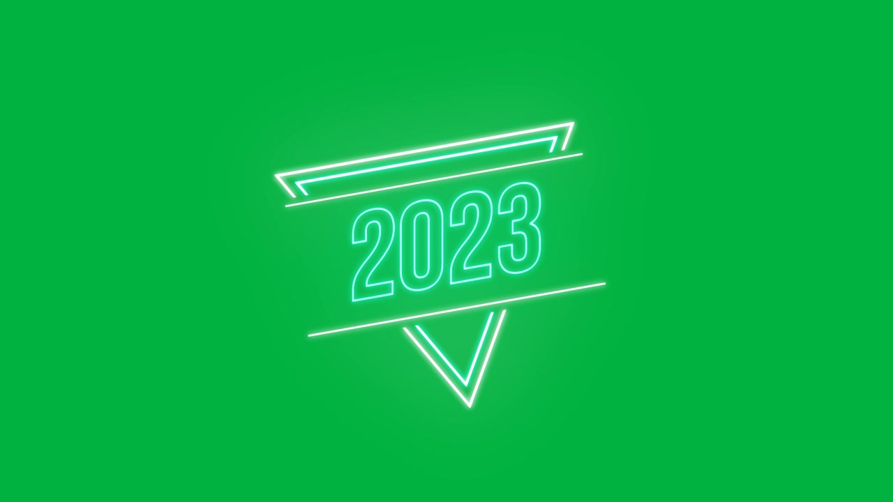 Animazione del testo "2023" in neon blu e rosa con un triangolo su sfondo bianco.