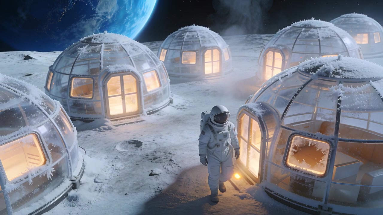 Gående astronaut i EVA-dragt bemærker oplyst kuppelindgang og går ind i habitatet på en frostklar måneslette.