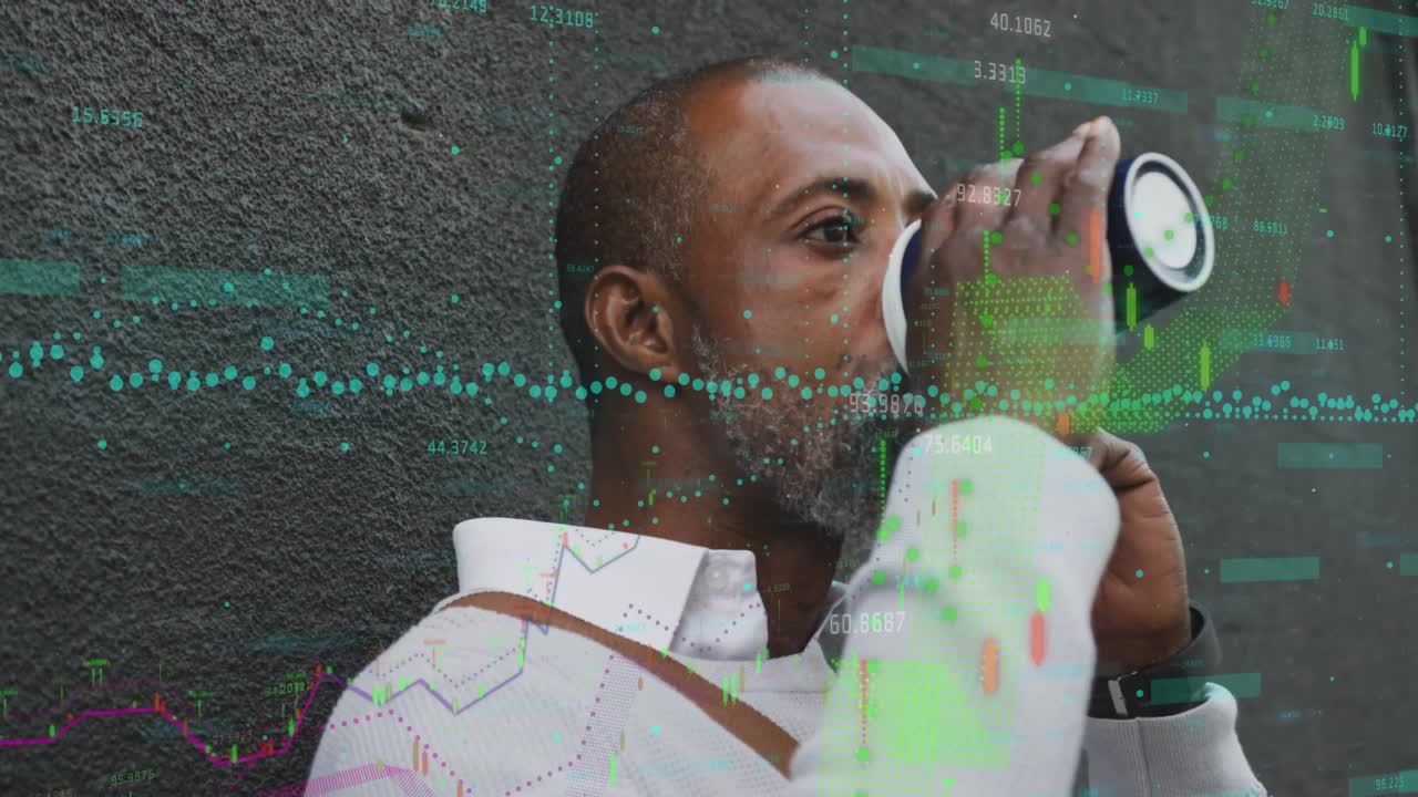 Animation of data processing over african american man drinking coffee and talking on smartphone