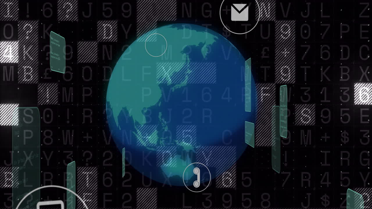 Roterende globus med e-mail- og dataikoner over digital kode-animation
