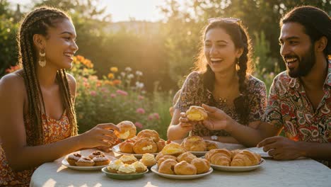 a joyful gathering: friends sharing delicious pastries and laughs in a sunlit garden atmosphere, celebrating togetherness and flavorful treats