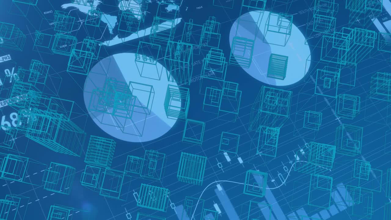 animación de estadísticas y procesamiento de datos financieros sobre el dibujo del paisaje urbano en 3d