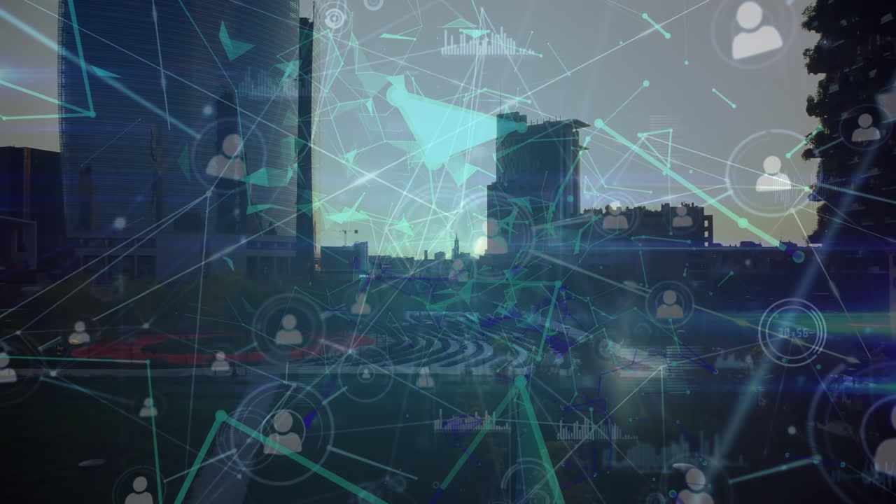 Animation of network of connections with icons over cityscape