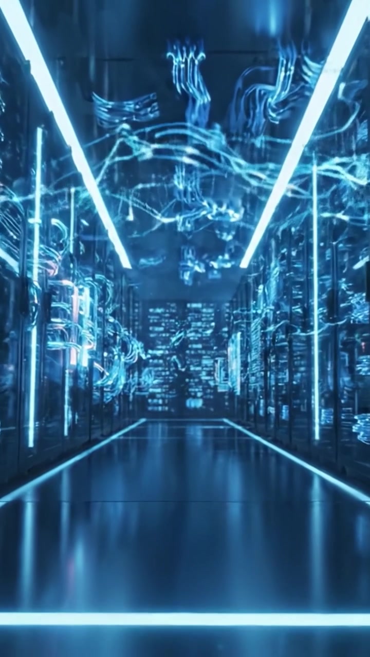 Exploring the Depths of a Futuristic Data Center: A Stunning Visual Journey Through a Technological Corridor of Lights and Cables