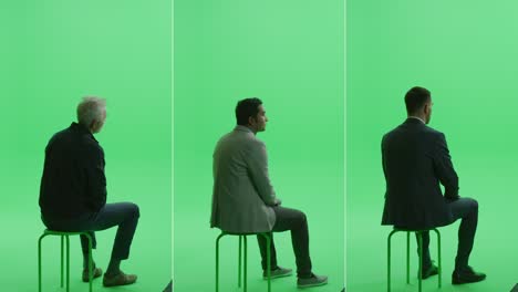 collaje de pantalla verde 4-en-1: tres hombres diferentes sentados en la silla de la llave de croma. vista trasera toma completa de pantalla dividida. conferencia, concepto de audiencia. múltiples clips mejor paquete de valor