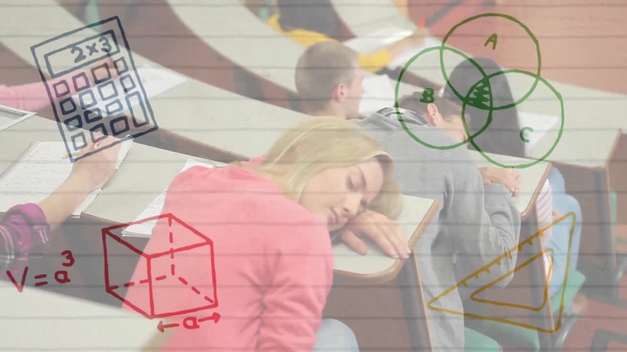 animación de los iconos de los artículos escolares sobre los estudiantes en el aula