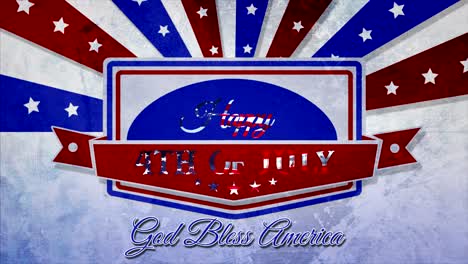 bold, grungey, animated motion graphic celebrating the 4th of july, with central shield and banner design, animated star spangled banner and god bless americ text, in patriotic red, white and blue