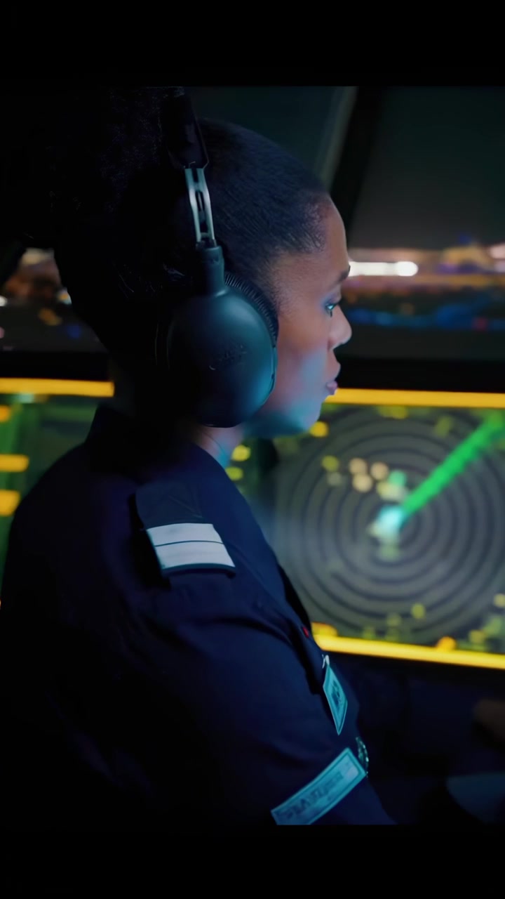 Air Traffic Controller Monitoring Flight Data in Control Tower at Night