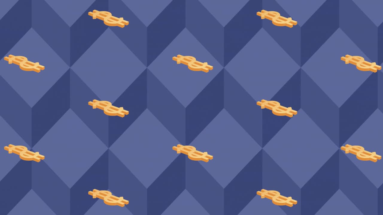 Animation of yellow dollar icons repeated over blue cubes
