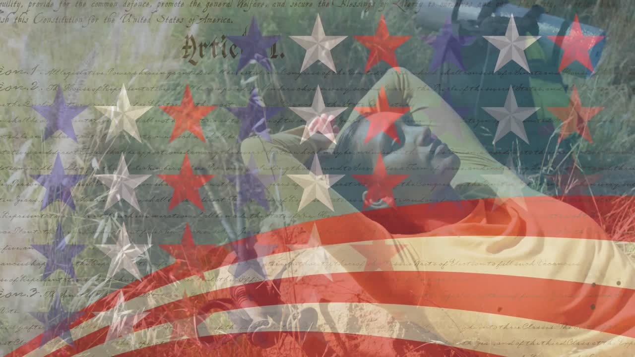 animación de rayas y estrellas moviéndose sobre la mujer acostada en el prado