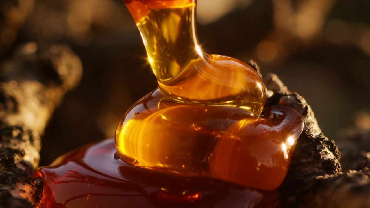 Liquido dorato viscoso che gocciola sulla corteccia di un albero, formando una pozzanghera lucida e poco profonda.