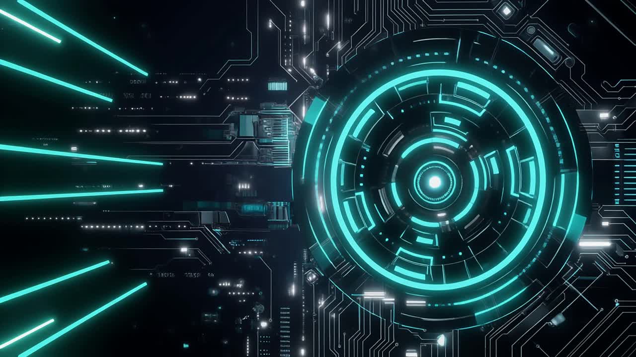 Animert digitalt grensesnitt med glødende blå kretselementer