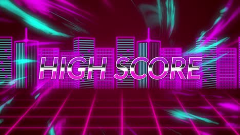 Animation-of-high-score-text-over-digital-city-on-red-background