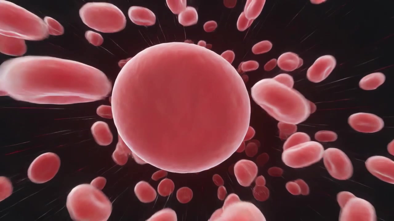 Propelling red blood cell forward in vessel lumen by flow, with motion streaks against dim plasma